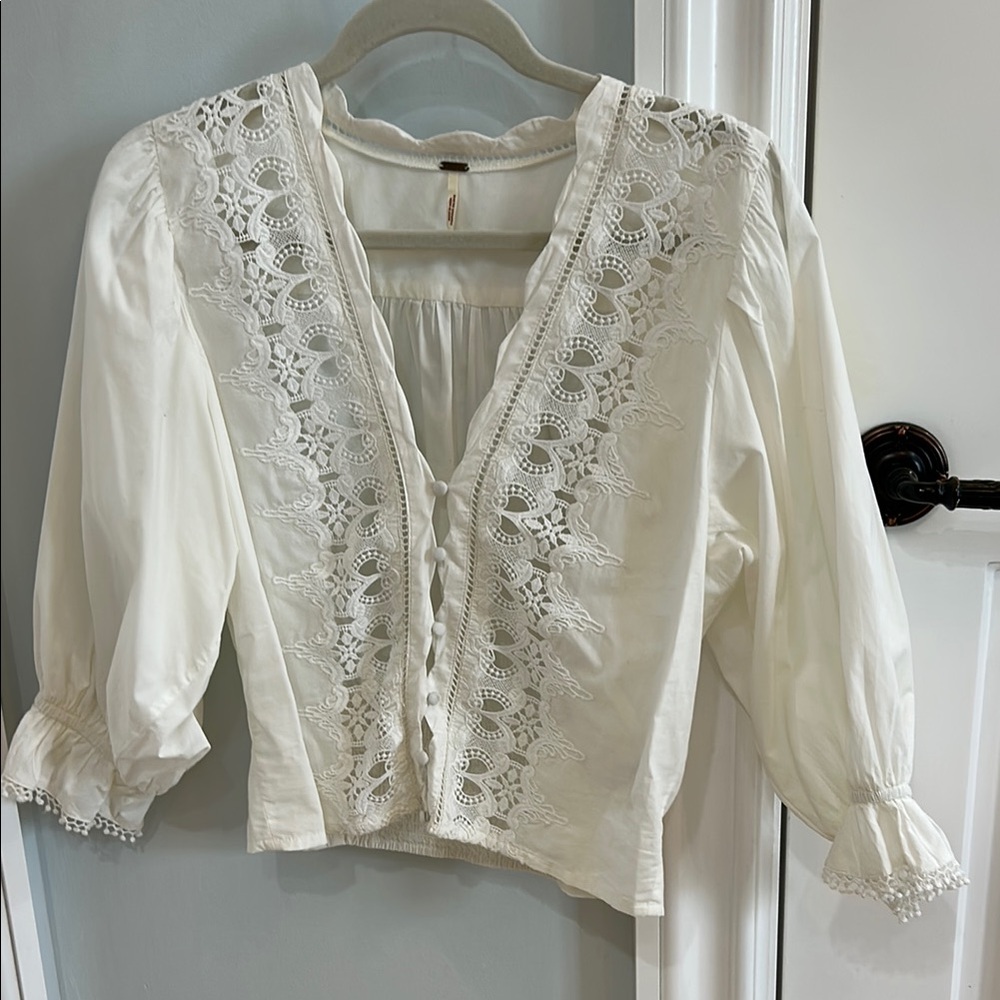 White Puff Sleeve Blouse with Ruffled Bib Collar